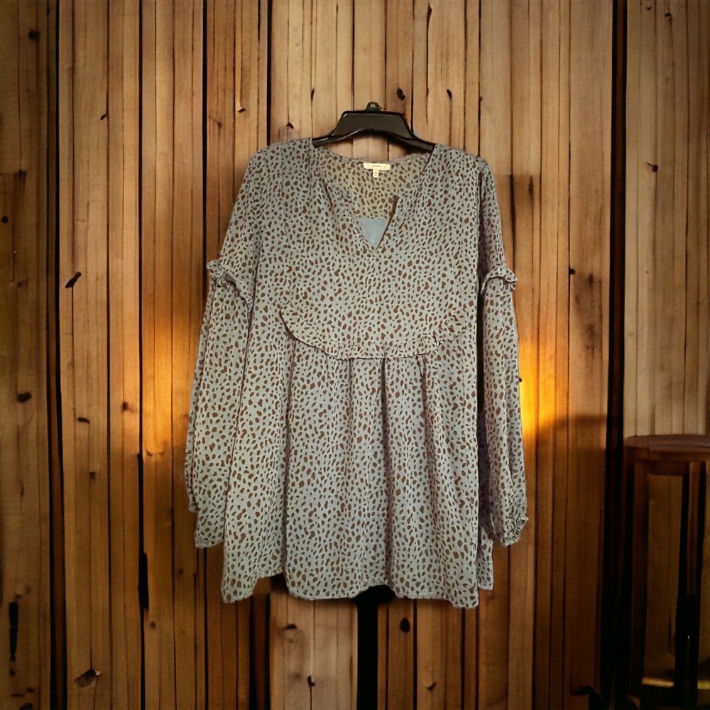 Jodifil, large, blue with brown print. Sheer lined. EUC.
